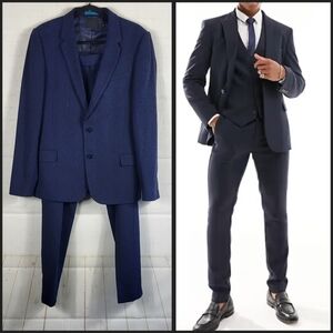 ASOS Skinny Fit Wool Mix Suit Set in Navy Blue Wide Herringbone 40 Reg W 32 Reg